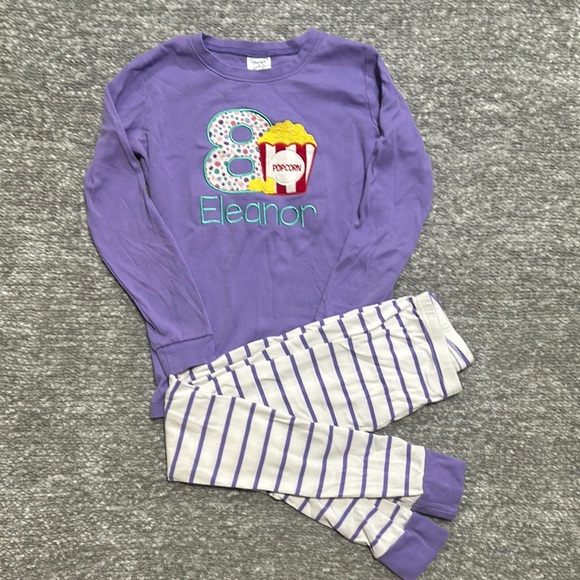 Other - Custom purple pajama set popcorn appliqué monogram Eleanor size 12